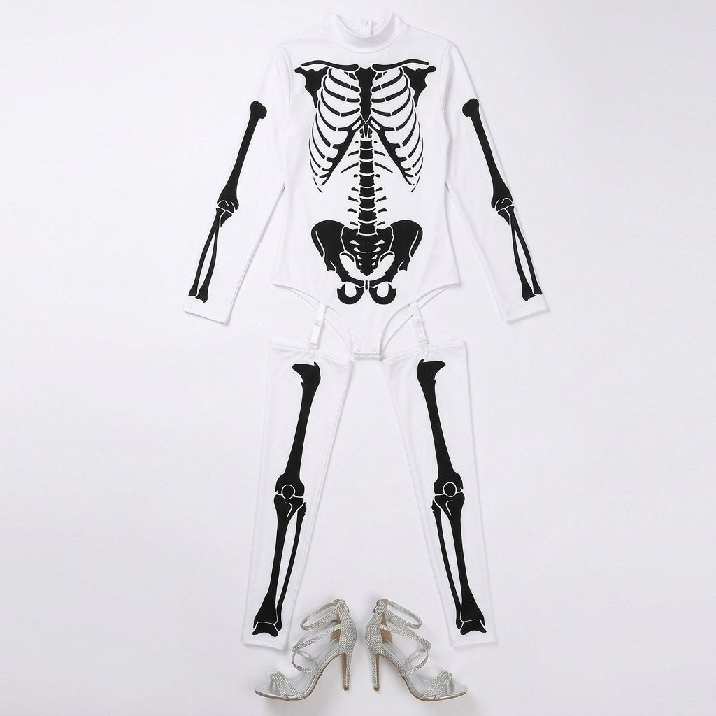 Women's Skeleton Print Halloween Bodysuit with Thigh-High Leggings and Garter Straps — Black Red