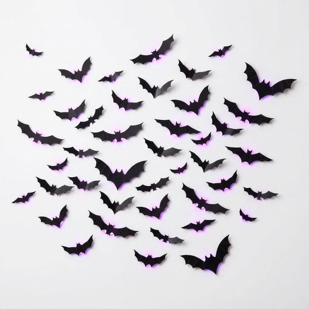 3D Bat Wall Decals with LED Backlights – Peel and Stick Halloween Wall Decoration — 60 pieces