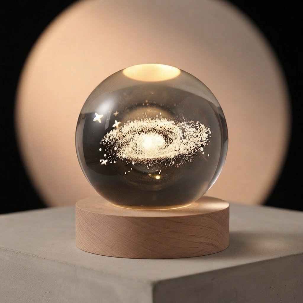 3D Crystal Ball Night Light with Wooden Base — Nebel 6cm