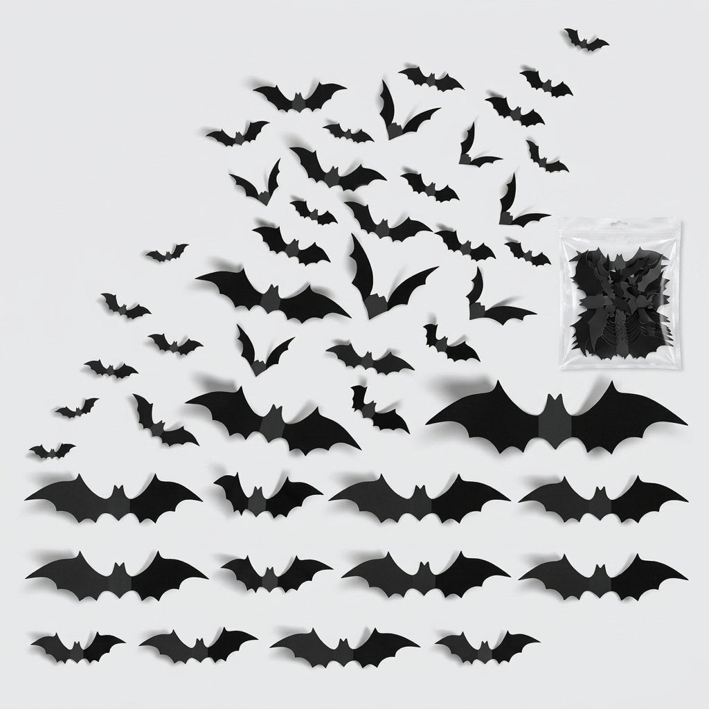 3D Foldable Bat Wall Stickers for Halloween Decoration – Peel and Stick, Reusable, Indoor Use — A60 pcs (Black Bat)