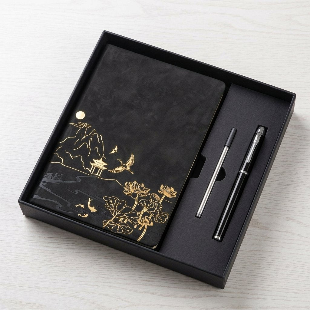 A5 Notebook & Pen Gift Set with Gold Embossed Cover — Black