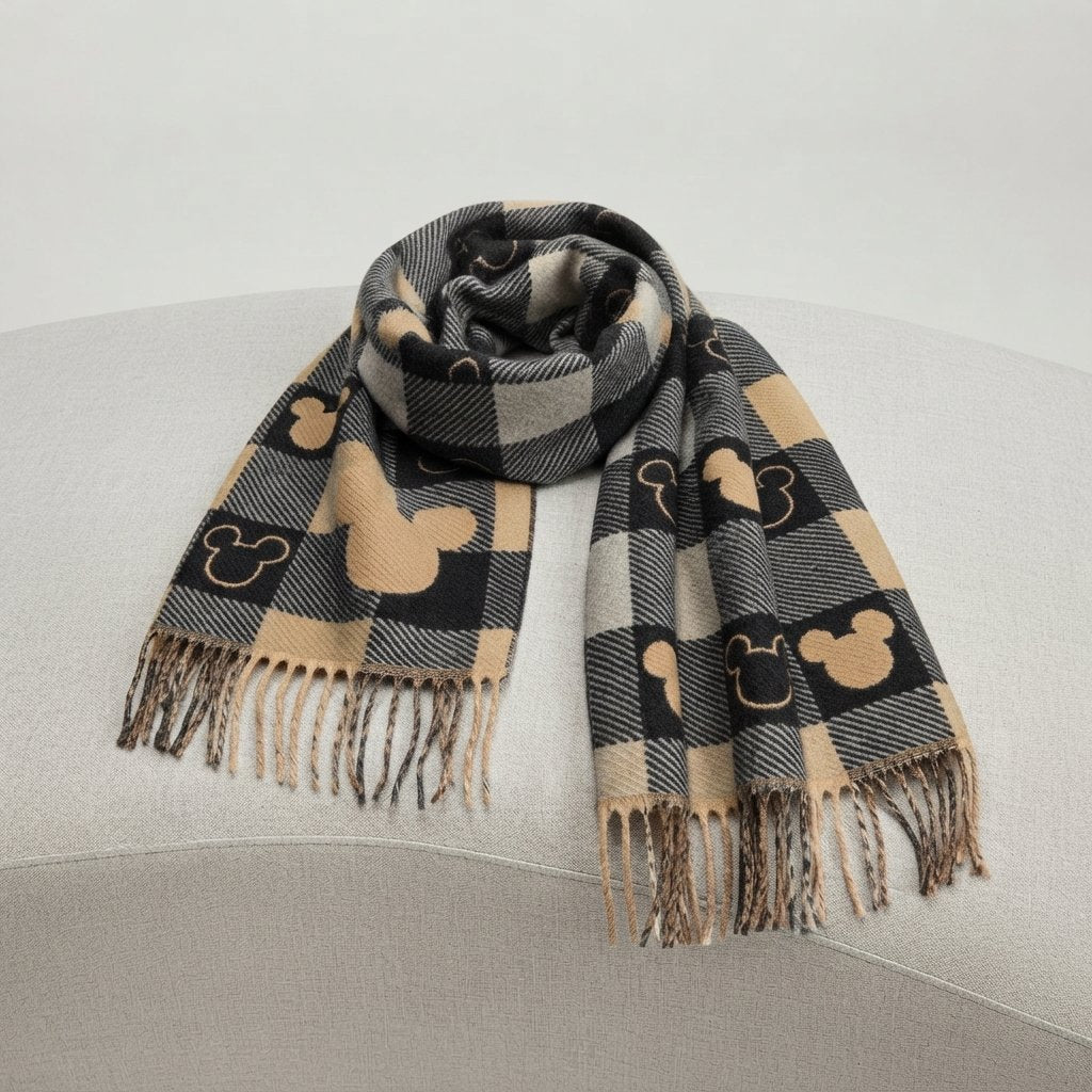 Checked Winter Scarf with Motif Print and Tassels — Black Grey Bear