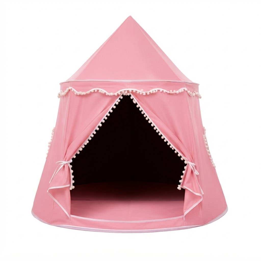 Children's Indoor Play Tent with Pom-Pom Detail — Pink Cotton