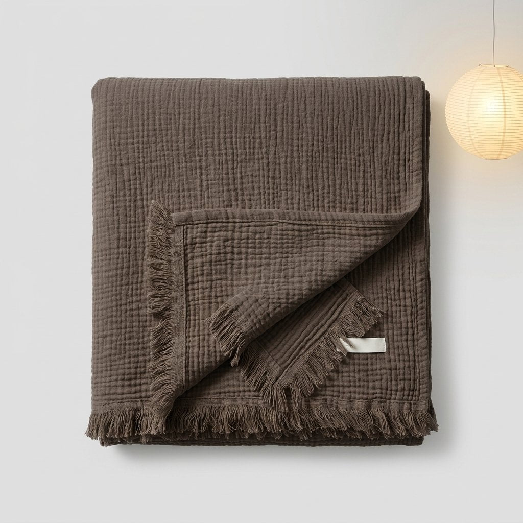Cotton Crinkle Throw with Tassels, 100% Cotton — Clay