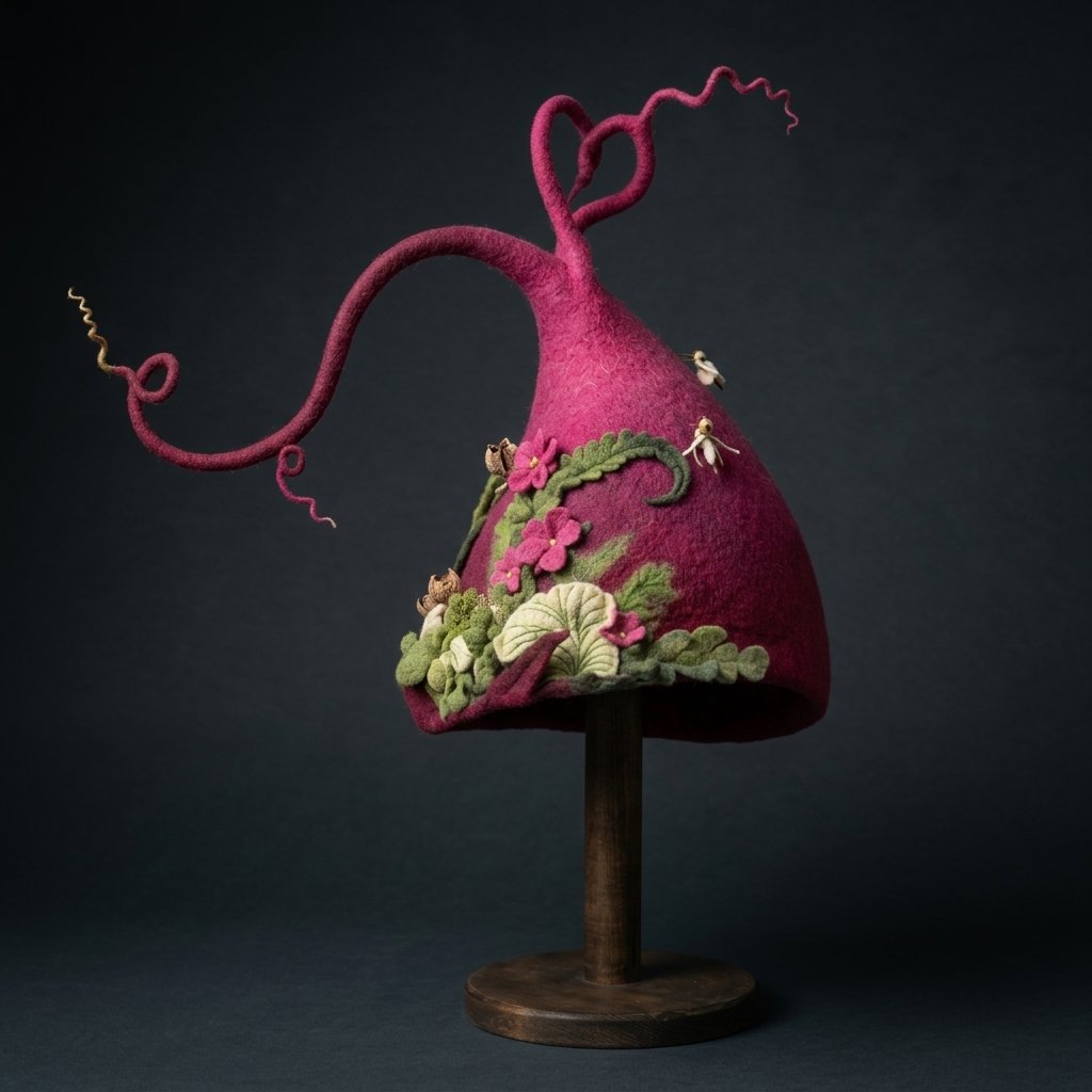 Decorated Witch Hat with Felted Wool, Forest Embellishments and Whimsical Curled Tip — Red