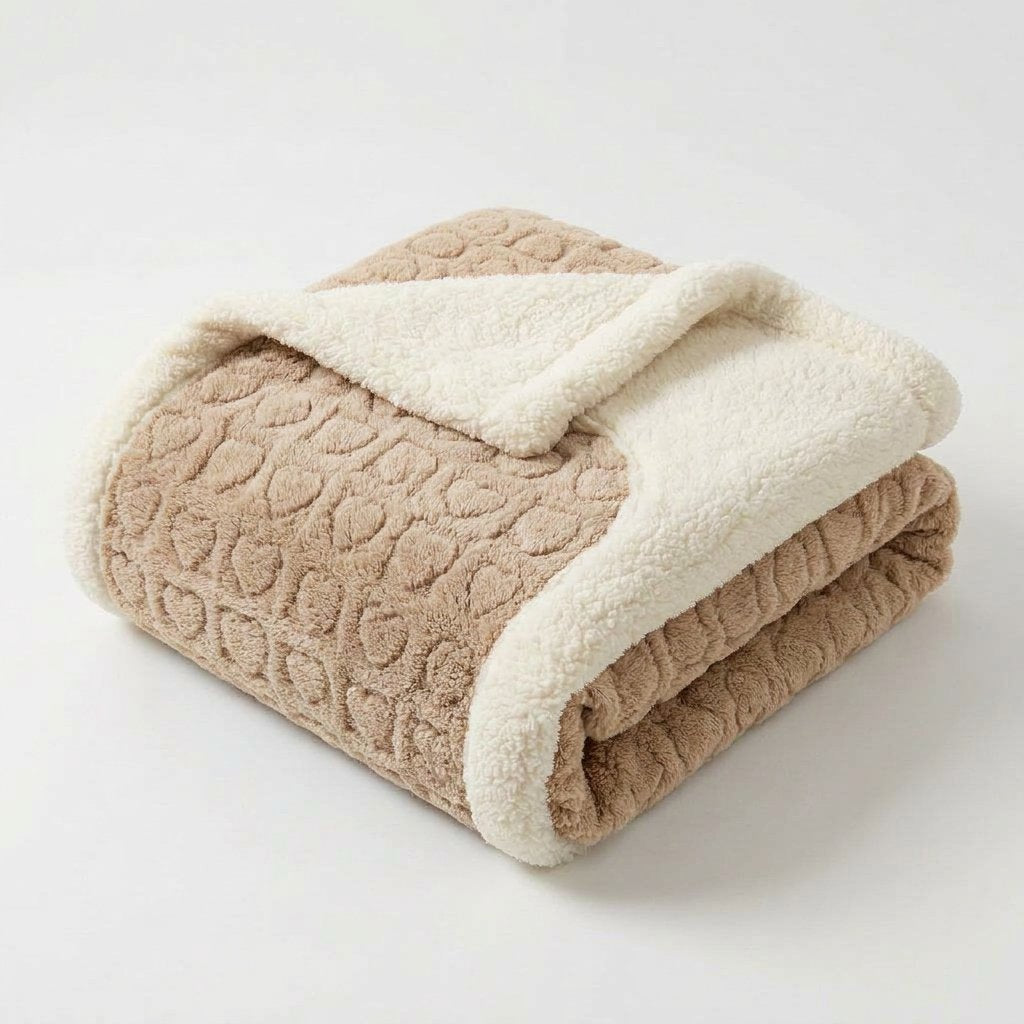Double-Layer Berber Fleece Throw Blanket, Heart Texture — Rice Coffee