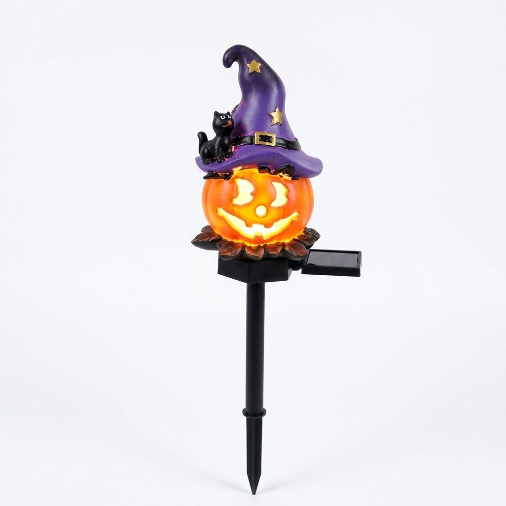 Halloween Solar Garden Stake Light – Resin Character Design with Auto On Glow — Top Hat Pumpkin