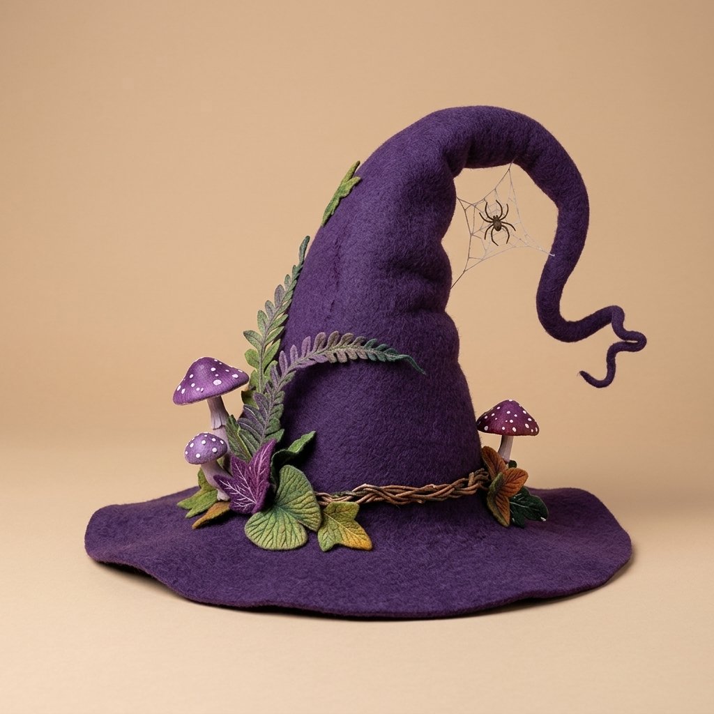 Handmade Felted Wool Witch Hat with Spiderweb Embroidery and Floral Accents — Brown
