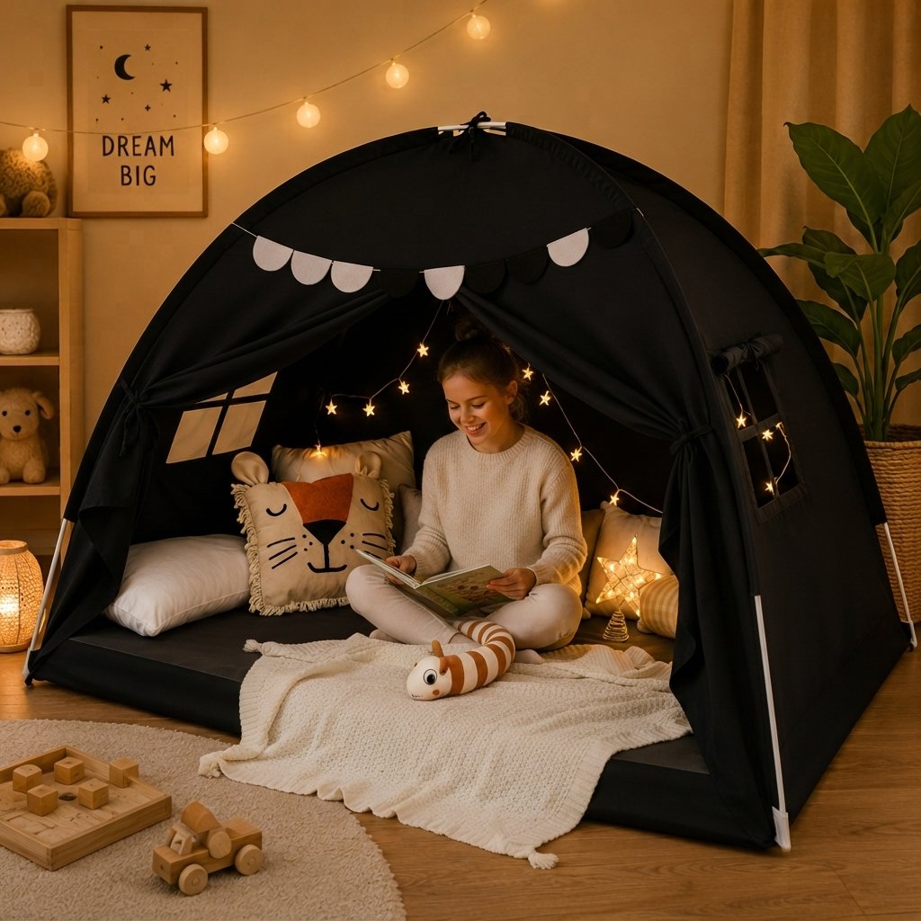 Kids Bed Play Tent with Star Lights and Flags — Black