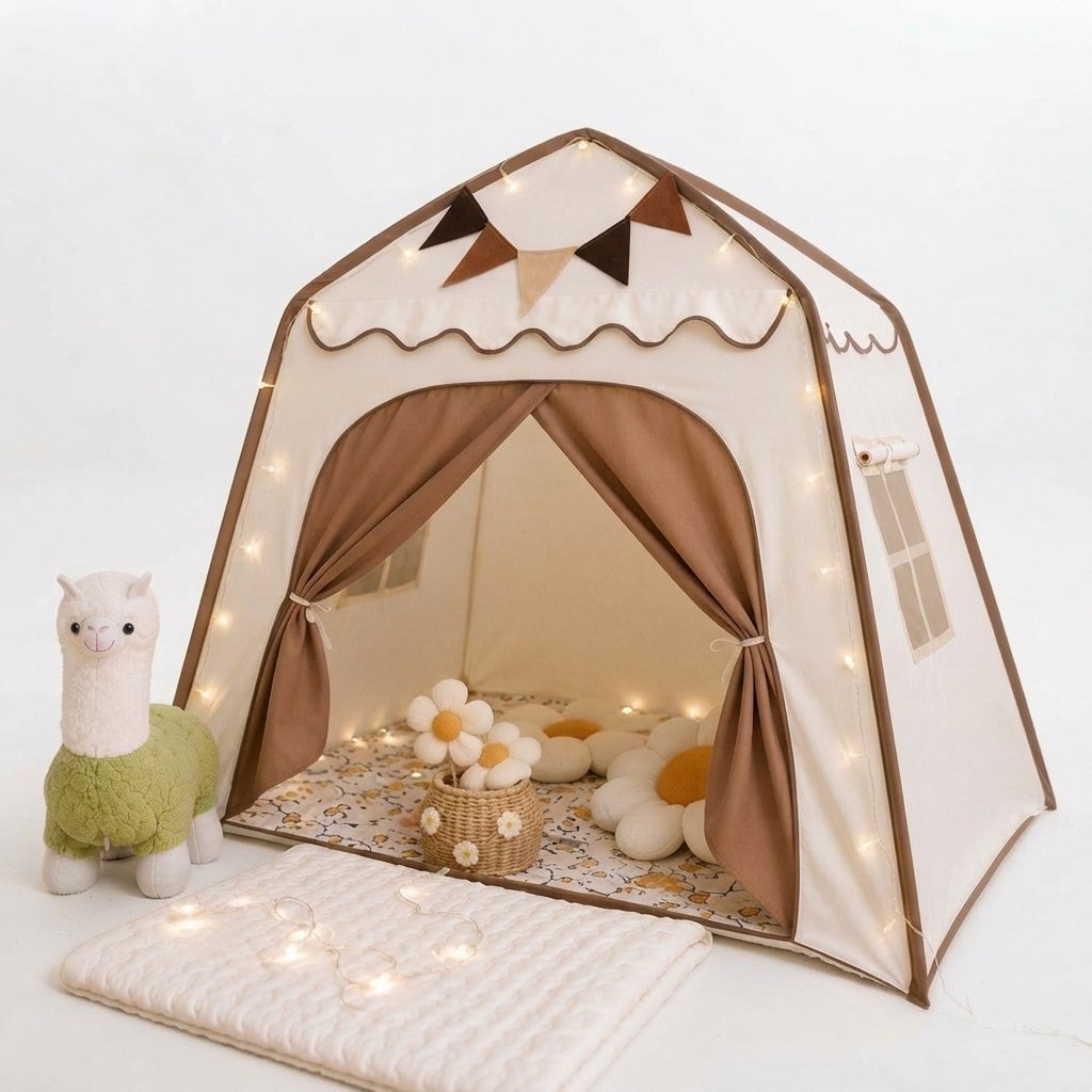 Kids Play Tent with Canopy for Bedroom or Playroom — Beige & Brown