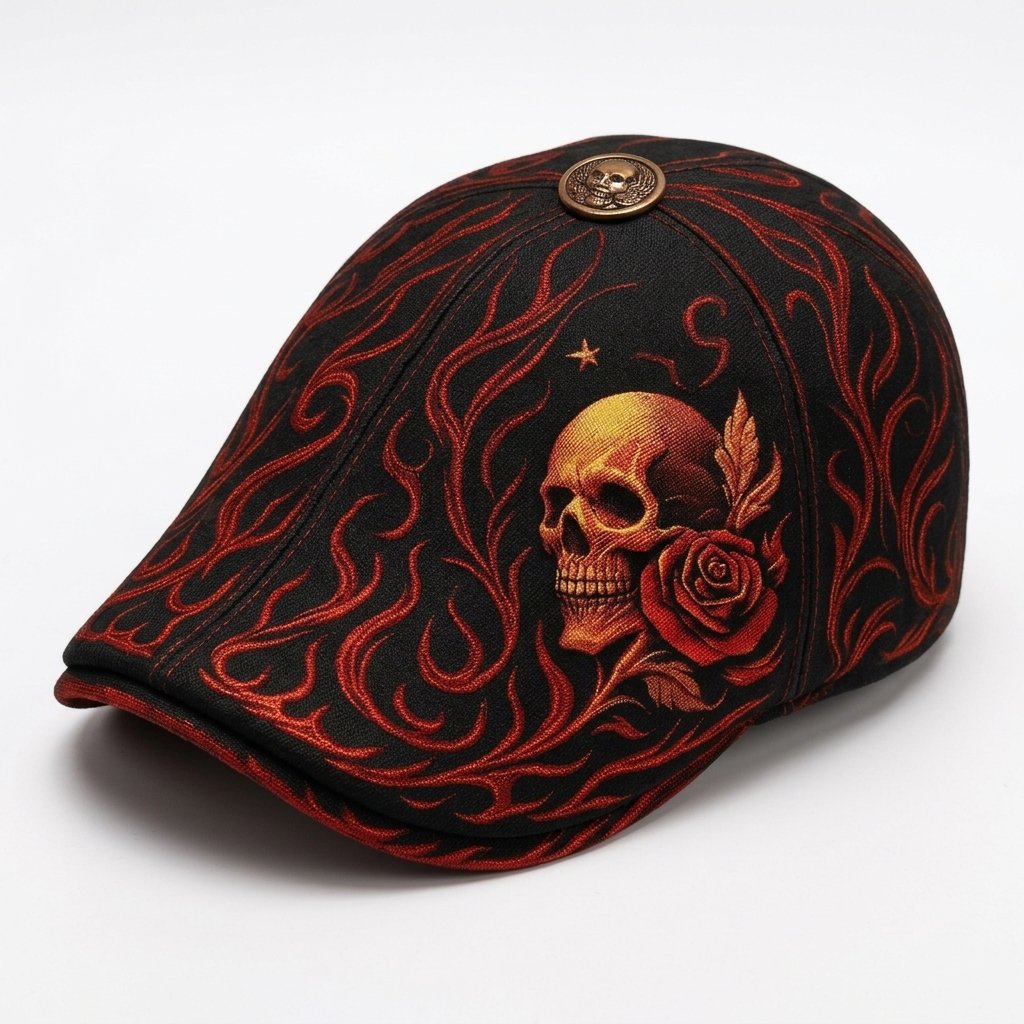 Men's flat cap with skull and rose embroidery — Model 5