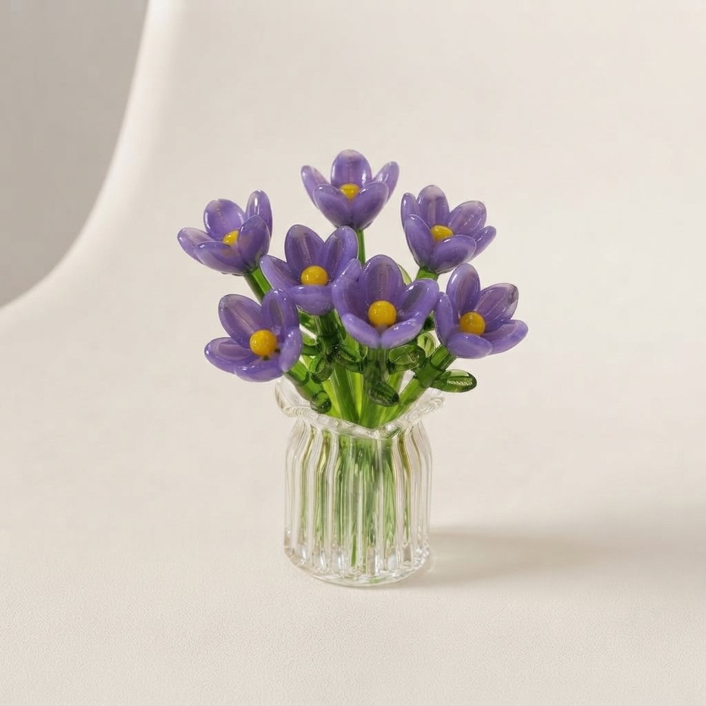 Miniature Glass Flower Set with Fluted Vase — 7pcs Purple Set + Vase