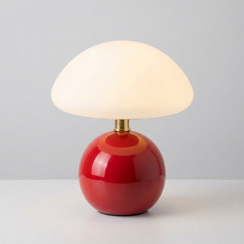 Mushroom Table Lamp with Frosted PVC Shade and Ceramic Base — Red