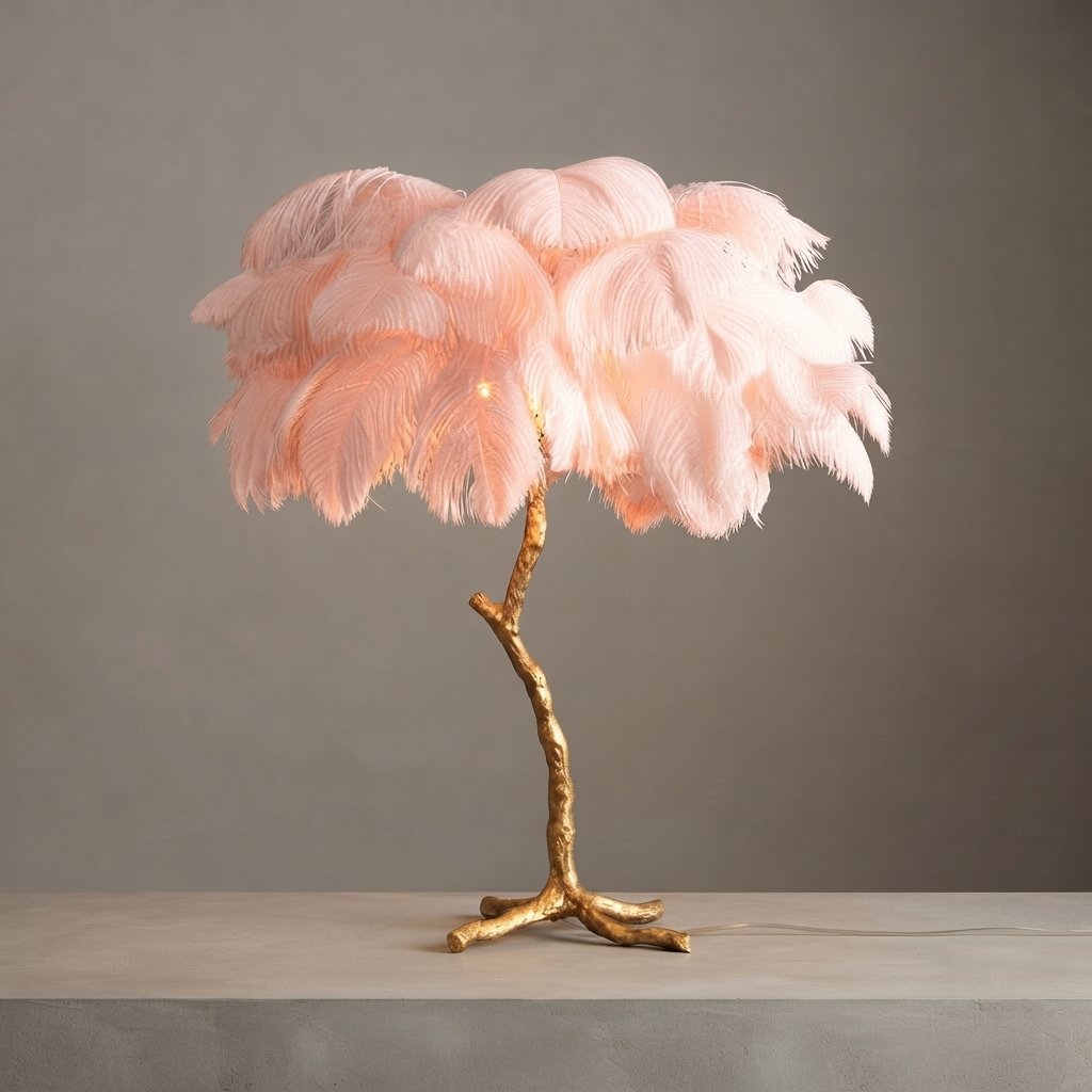Ostrich Feather Floor Lamp with Gold Branch Base — Pink