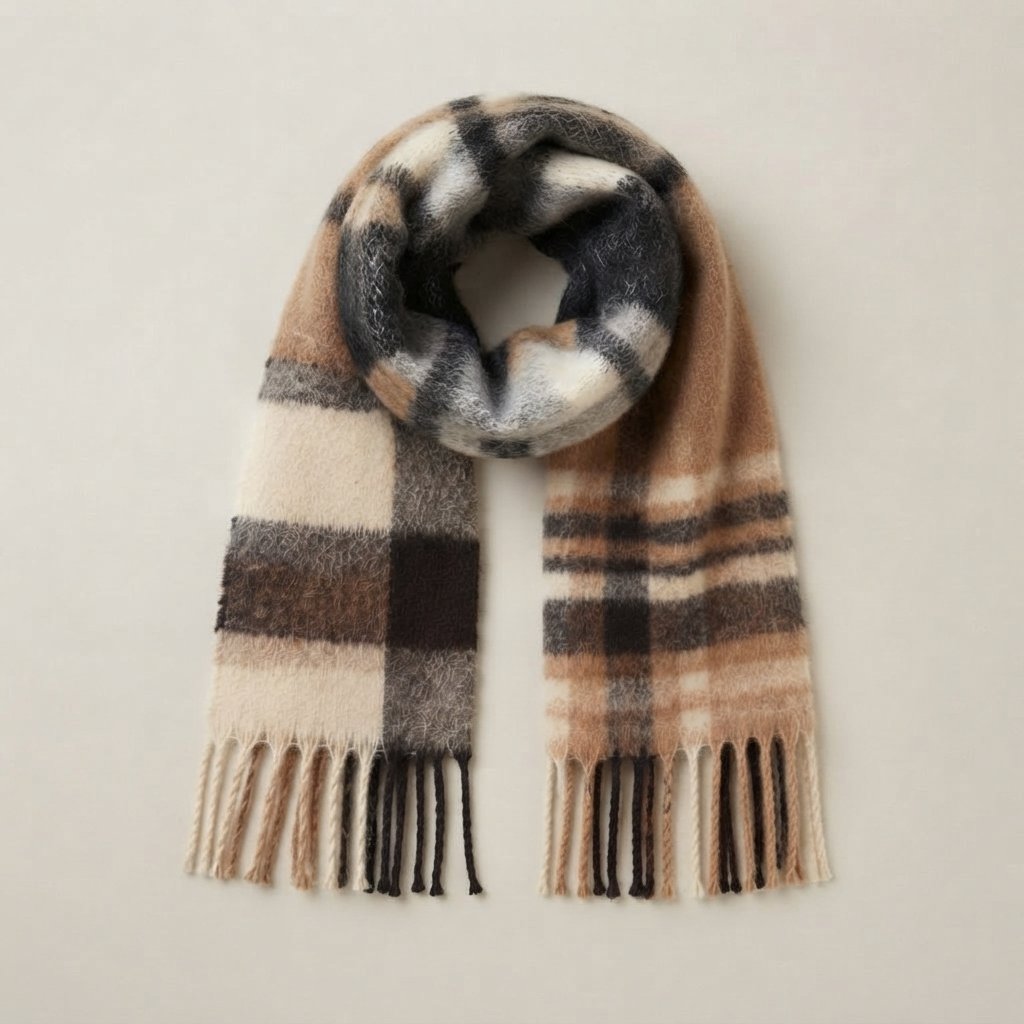 Oversized Checked Winter Scarf with Fringed Ends — Brown