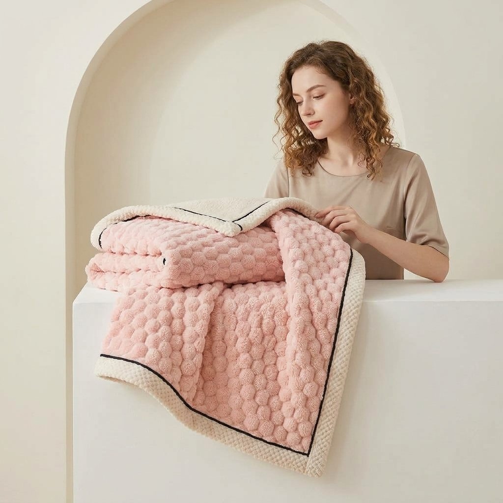 Plush Microfibre Throw Blanket, Bubble-Texture Fleece — Blush Pink