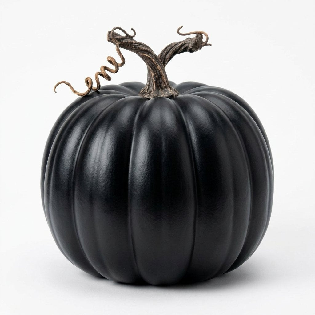 Set of 7 Artificial Foam Pumpkins with Ribbed Texture and Curved Stems – Autumn and Halloween Decoration — Black