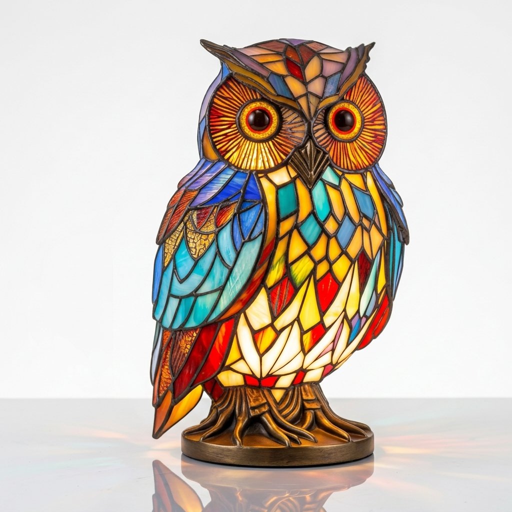 Stained Glass-Look Animal Table Lamp, USB LED — Owl