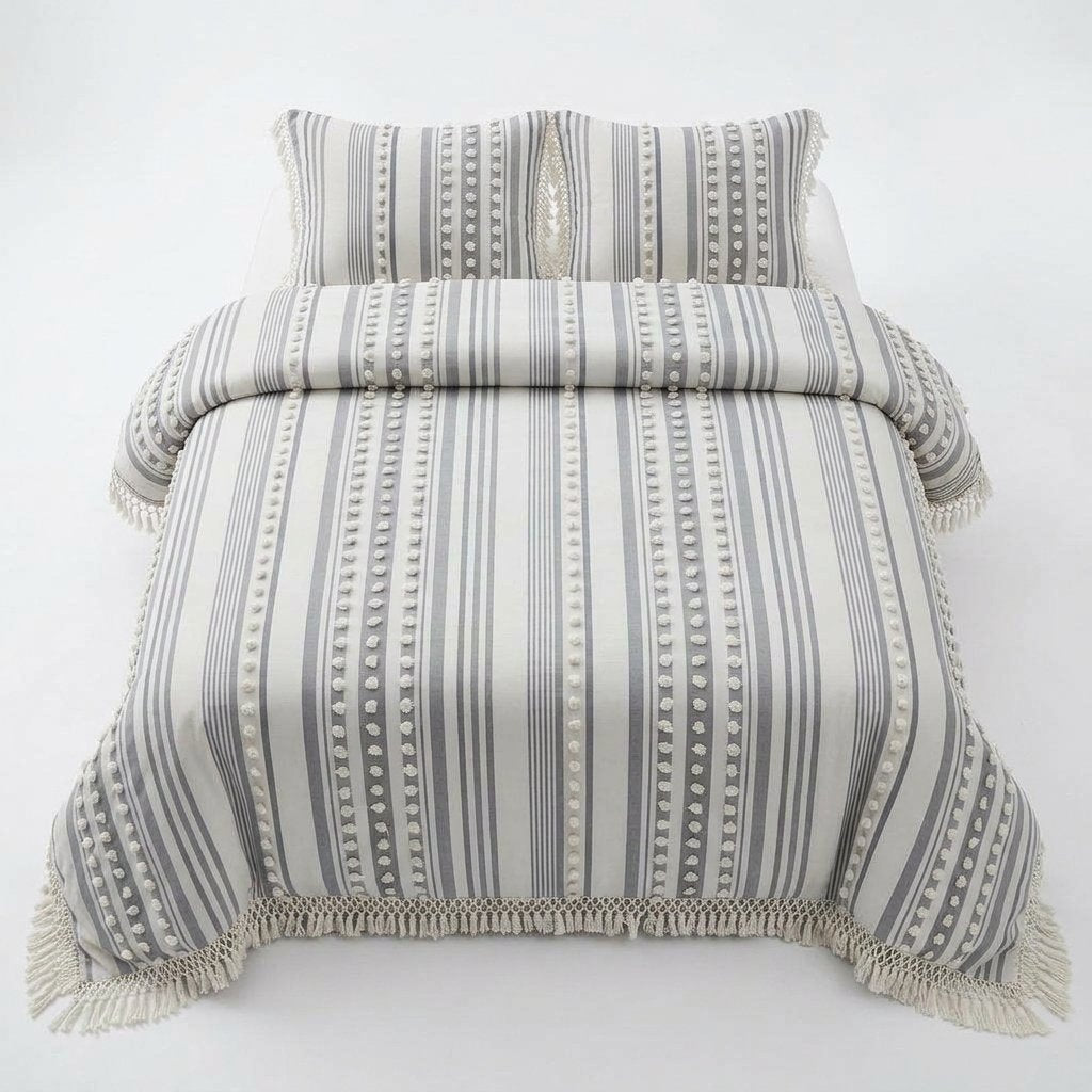 Striped Cotton Duvet Set with Tassel Detail — Grey