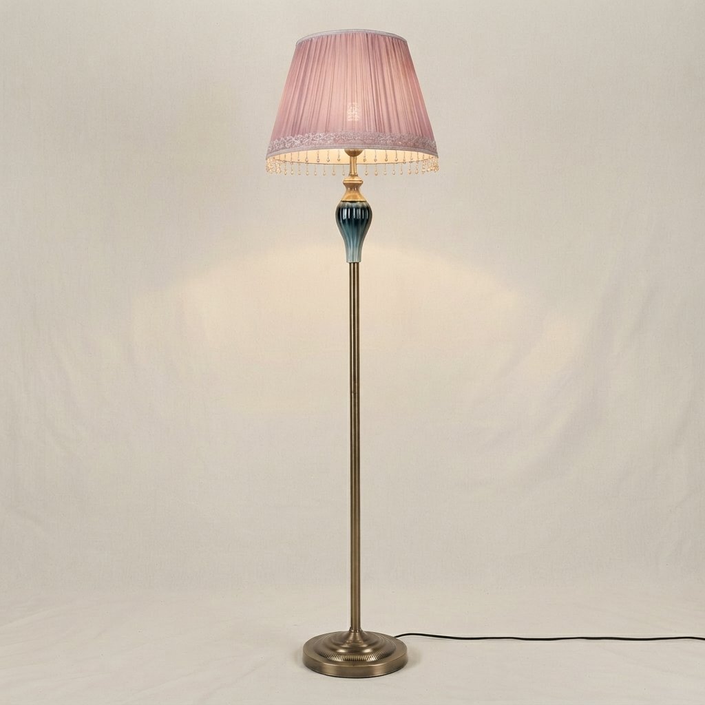 Velournis Vintage Floor Lamp with Pleated Fabric Shade — Pink