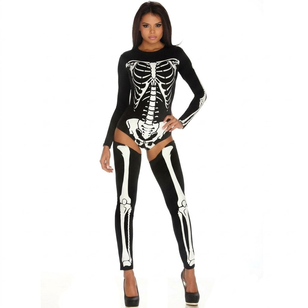 Women's Skeleton Print Halloween Bodysuit with Thigh-High Leggings and Garter Straps — Black White