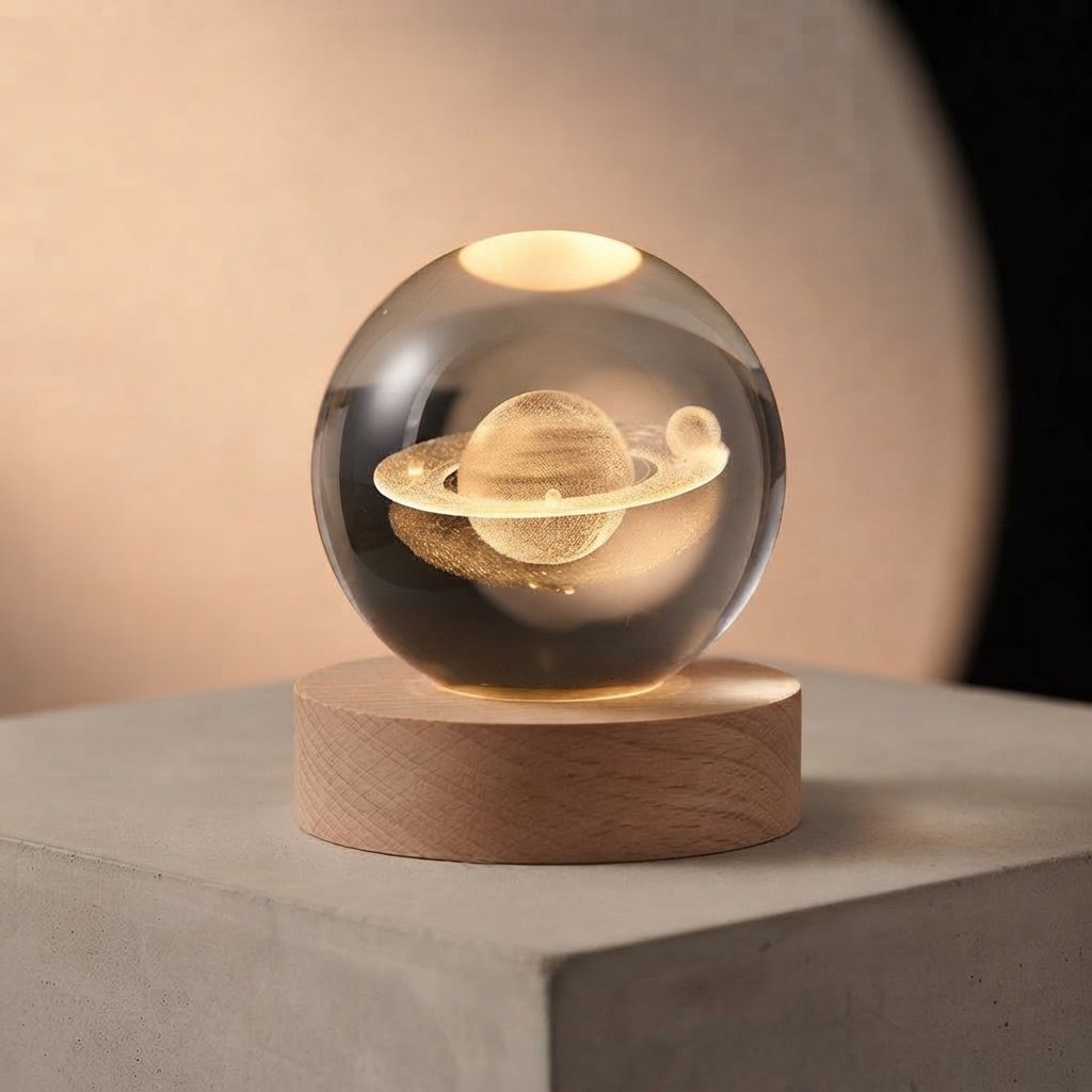 3D Crystal Ball Night Light with Wooden Base — Saturn 6CM