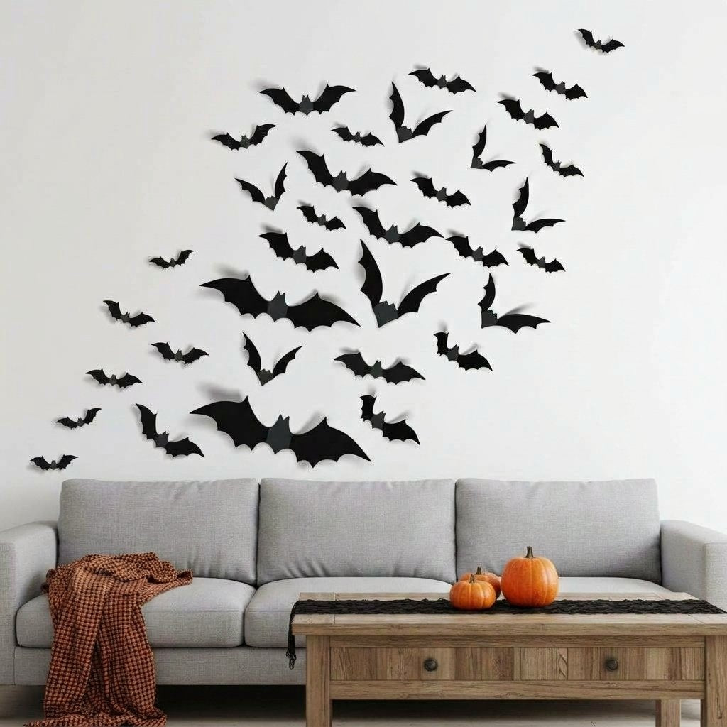 3D Foldable Bat Wall Stickers for Halloween Decoration – Peel and Stick, Reusable, Indoor Use — B60 pcs (Black Bat)