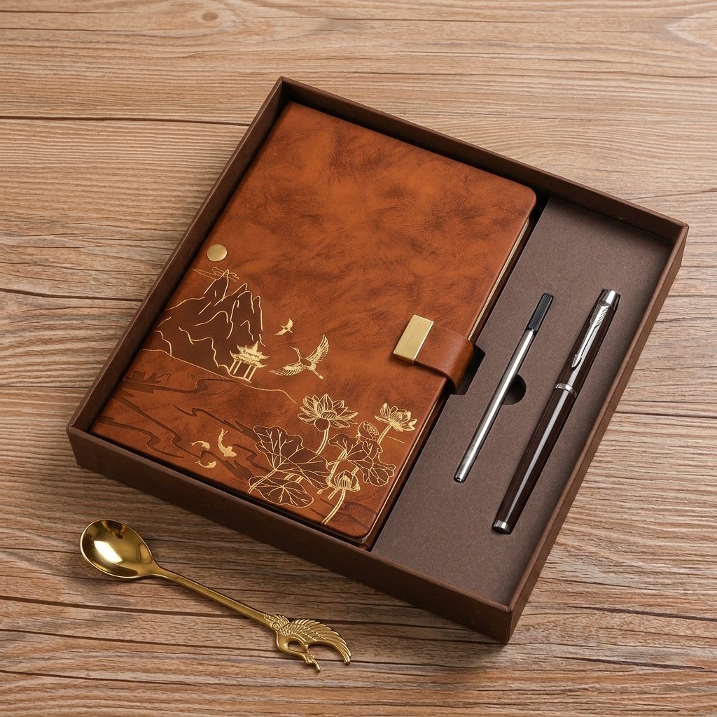 A5 Notebook & Pen Gift Set with Gold Embossed Cover — Brown
