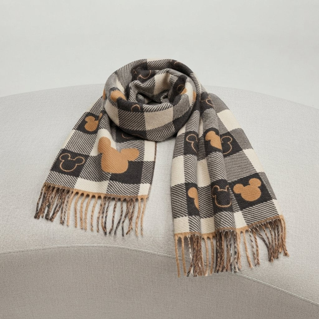 Checked Winter Scarf with Motif Print and Tassels — Brown Mouse