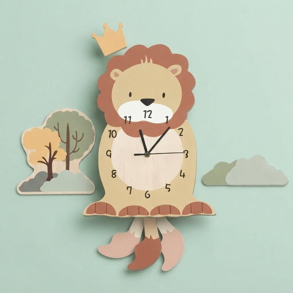 Children's Pendulum Wall Clock with Animal Design — Lion