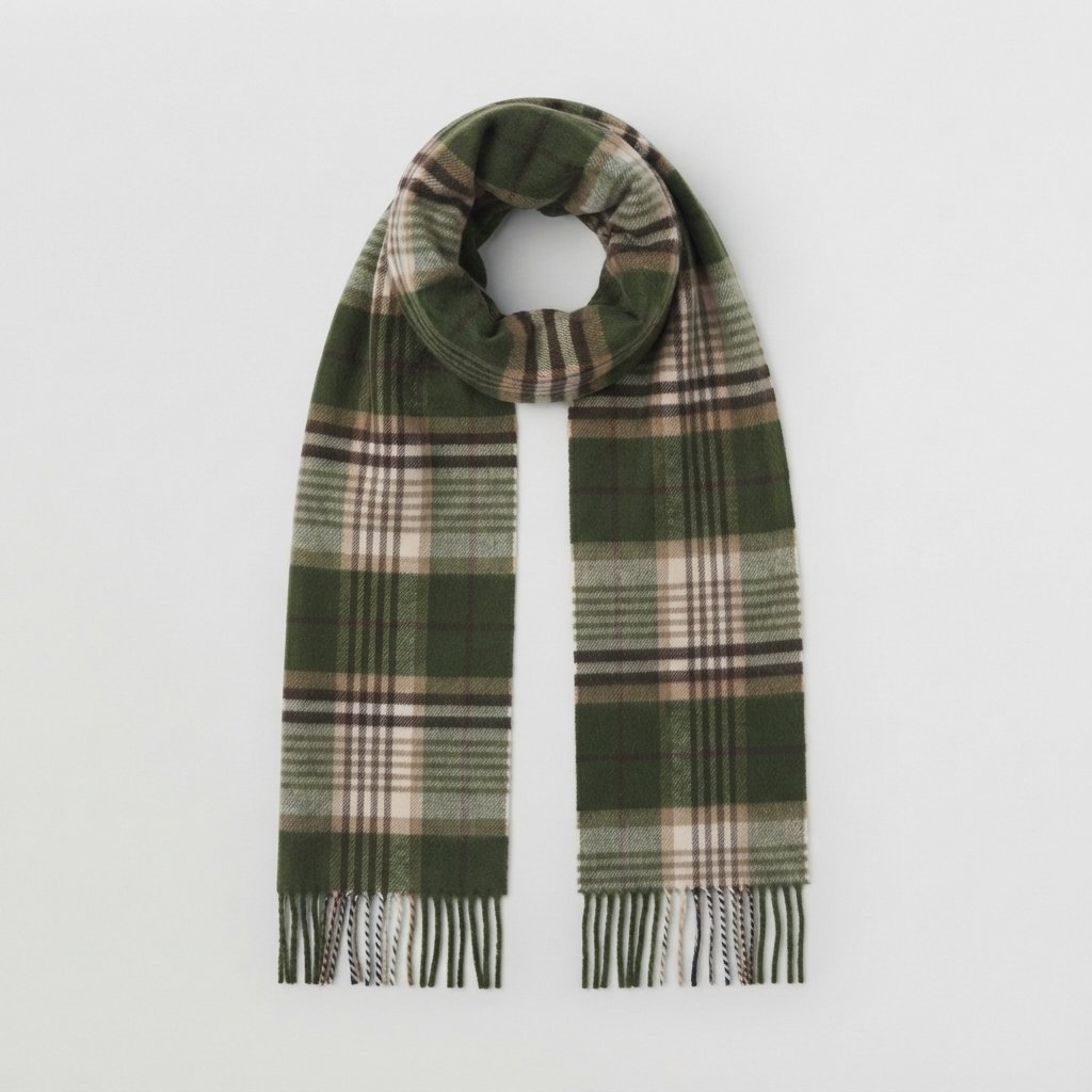Classic Check Scarf with Fringe, Wool-Feel Wrap — Green