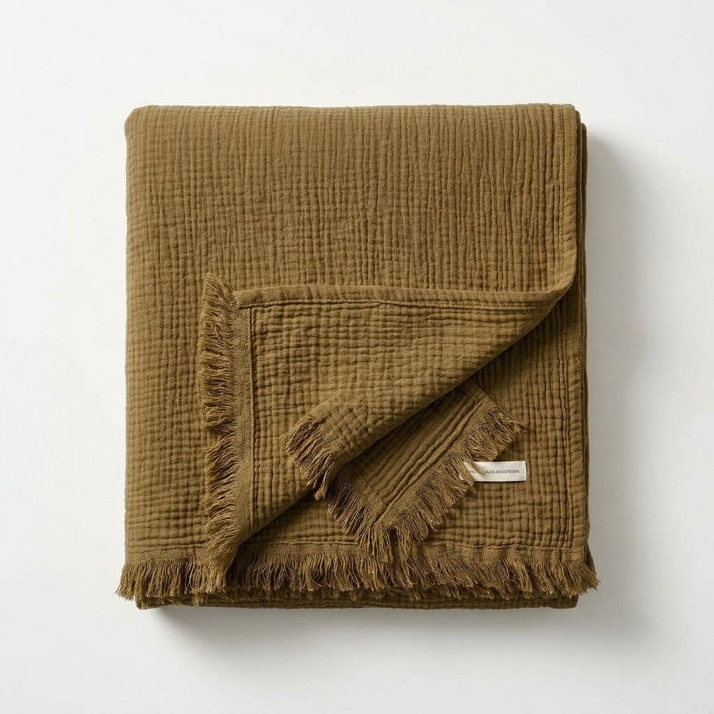 Cotton Crinkle Throw with Tassels, 100% Cotton — Black Tea