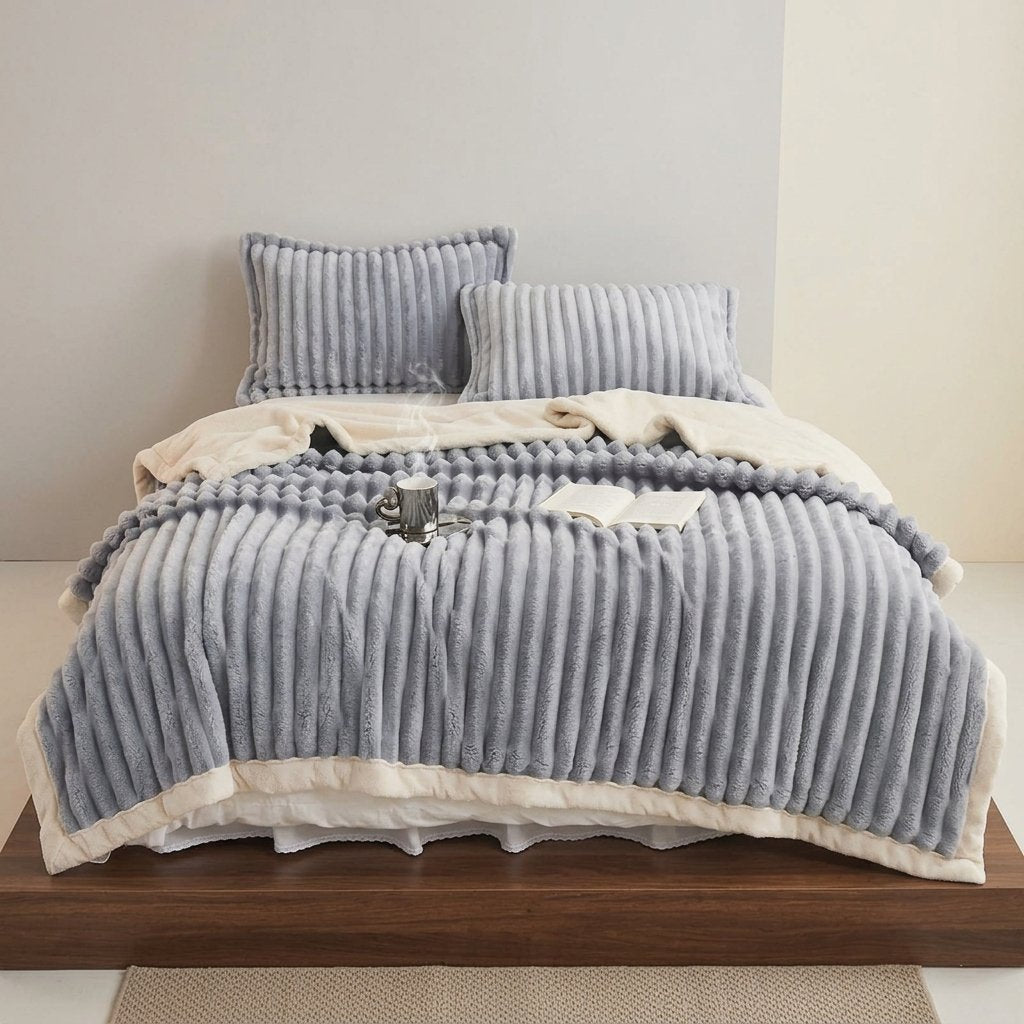 Faux Fur Fleece Blanket, Dual-Sided Plush Throw — Light Grey