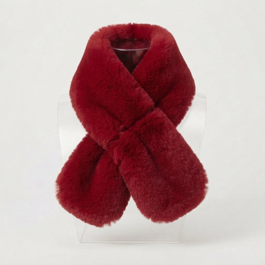 Faux Rabbit Fur Collar Scarf – Plush Knit-Backed — Red