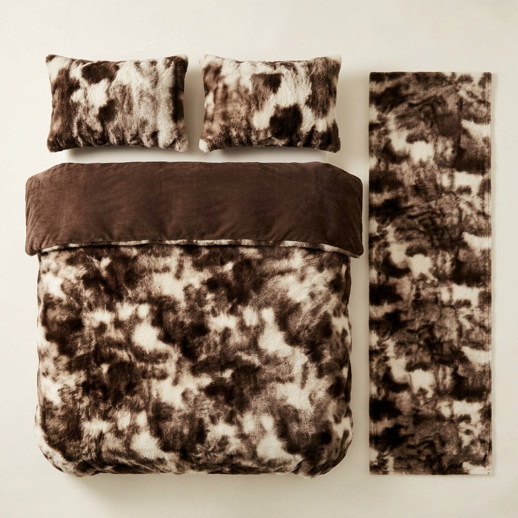 Faux Rabbit Velvet Duvet Cover Set, 4-Piece Winter Bedding — White coffee colour