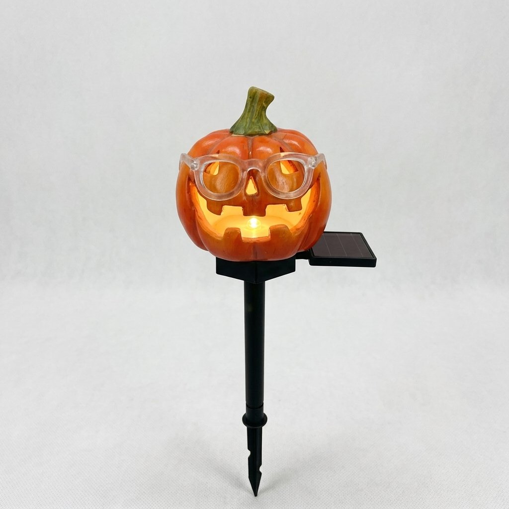 Halloween Solar Garden Stake Light – Resin Character Design with Auto On Glow — Glasses Pumpkin
