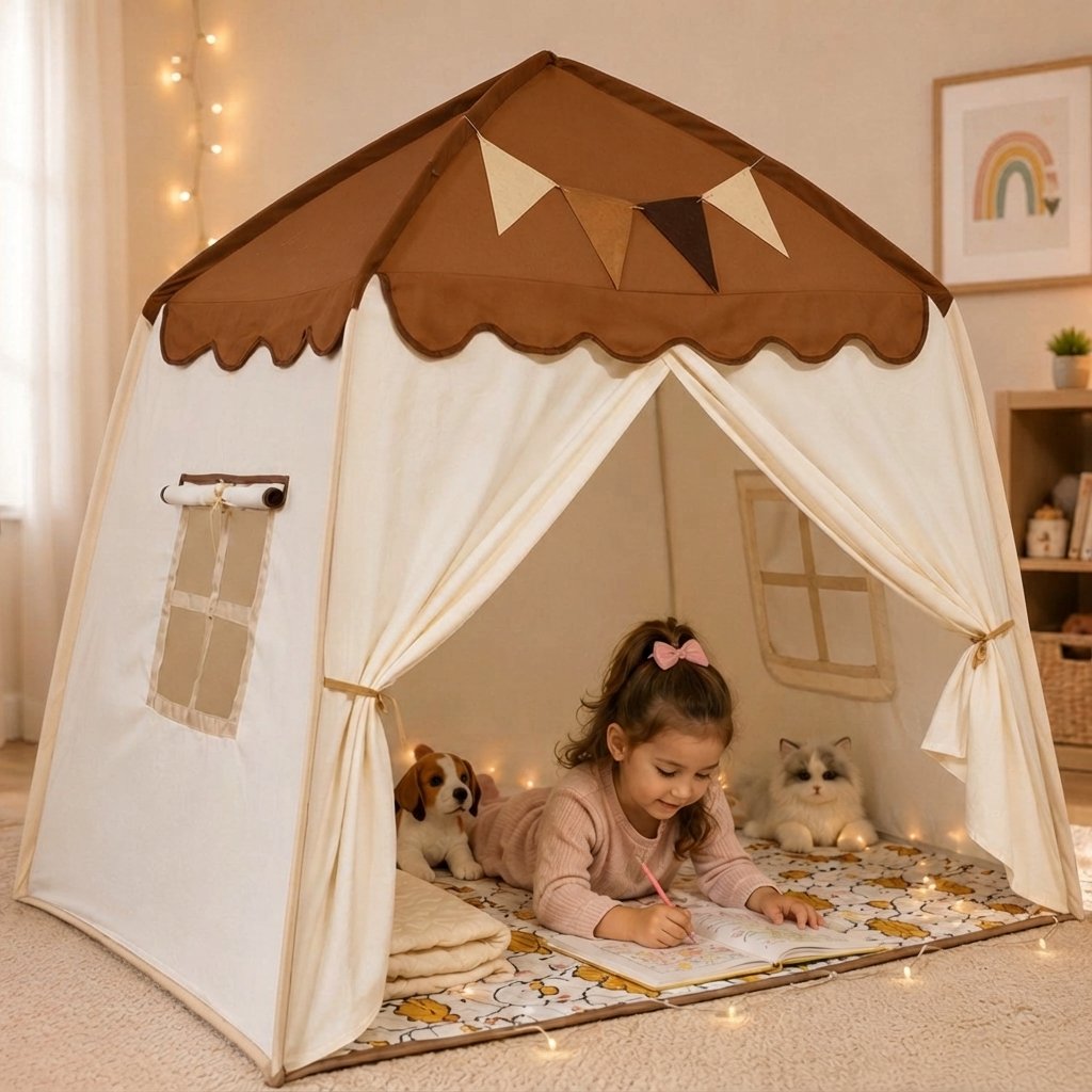 Kids Play Tent with Canopy for Bedroom or Playroom — Beige & Brown Canopy