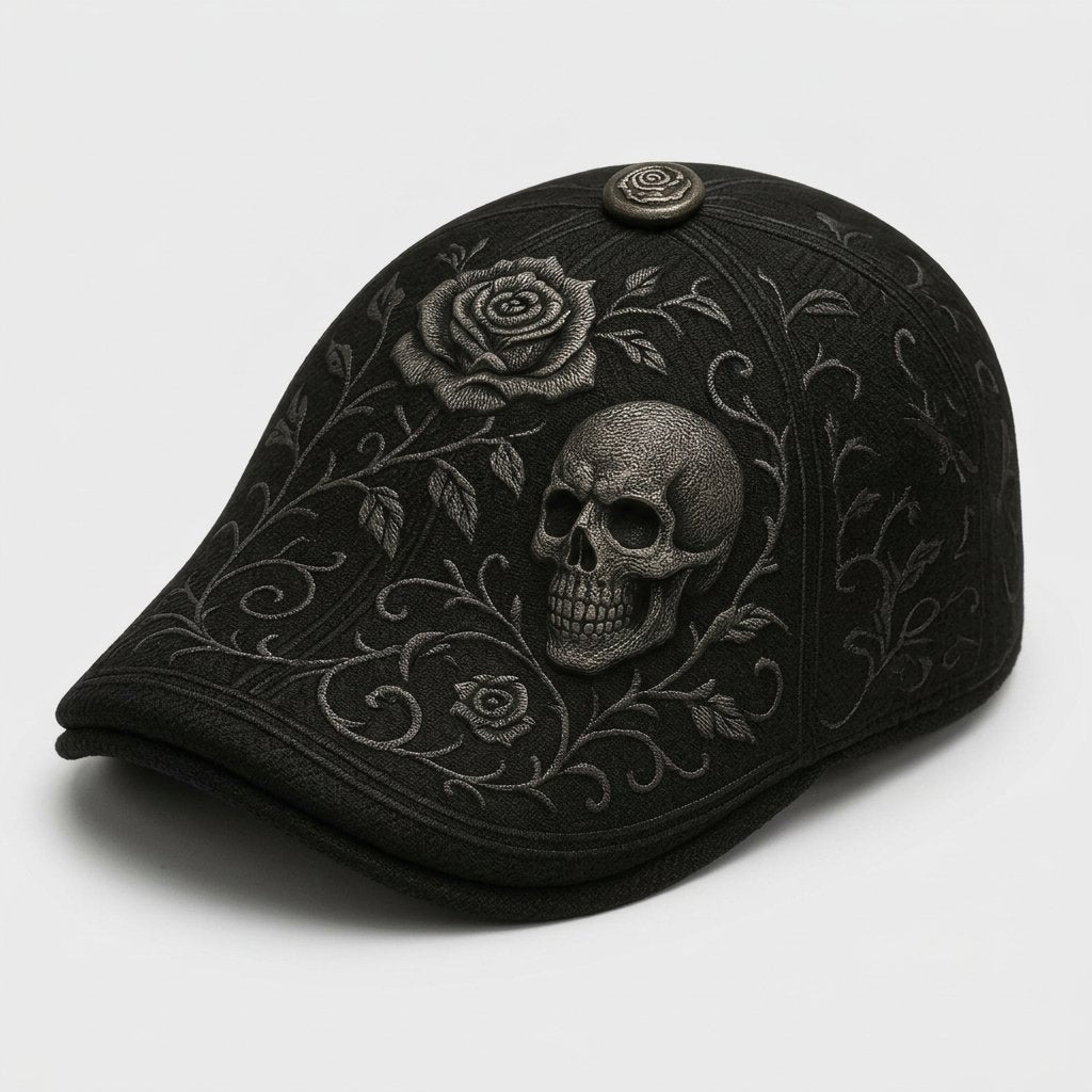 Men's flat cap with skull and rose embroidery — Model 6