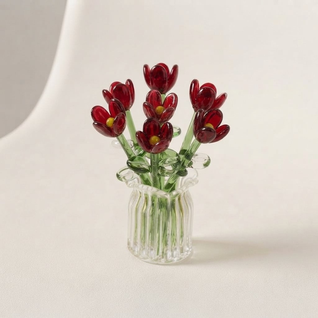 Miniature Glass Flower Set with Fluted Vase — 7pcs Hongyu Set + Vase