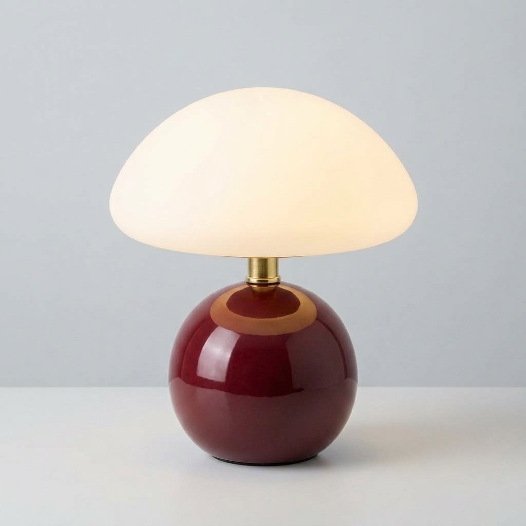 Mushroom Table Lamp with Frosted PVC Shade and Ceramic Base — Wine Red