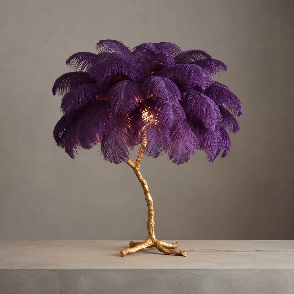 Ostrich Feather Floor Lamp with Gold Branch Base — Purple
