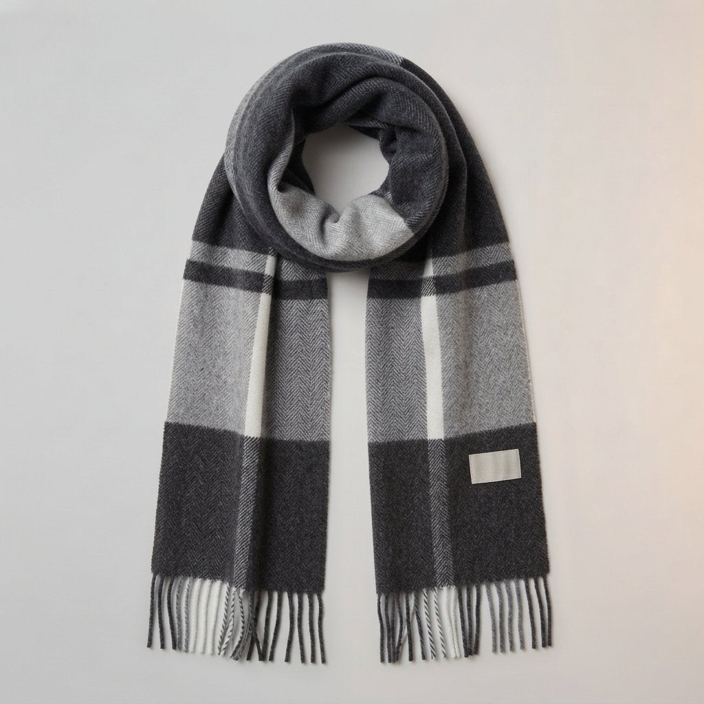 Plaid Wool Scarf with Fringe – Oversized Winter Wrap — Black White