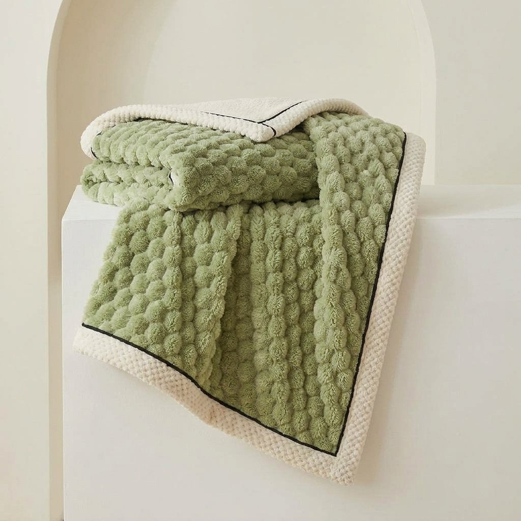 Plush Microfibre Throw Blanket, Bubble-Texture Fleece — Matcha