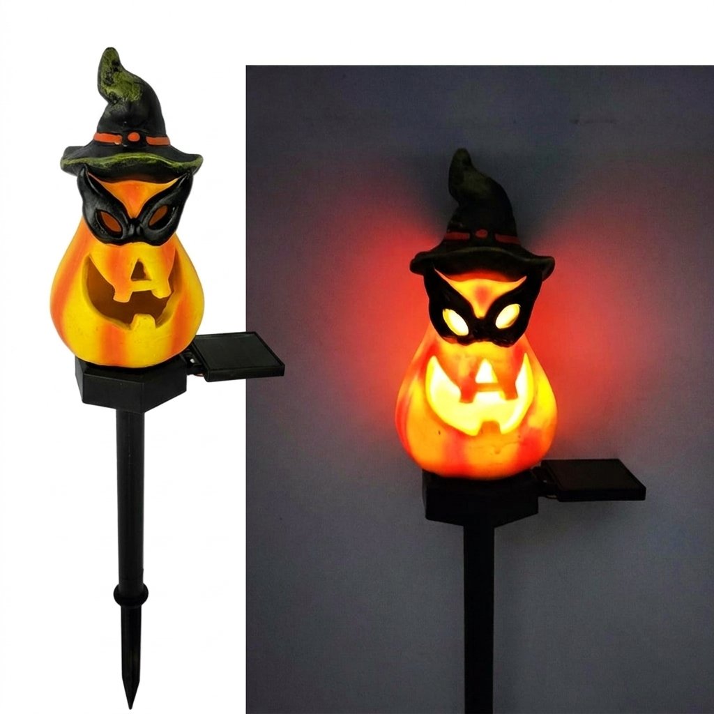 Solar-Powered Halloween Garden Stake Lights – Resin Pumpkin and Ghost Lanterns for Outdoor Use — Glasses Pumpkin
