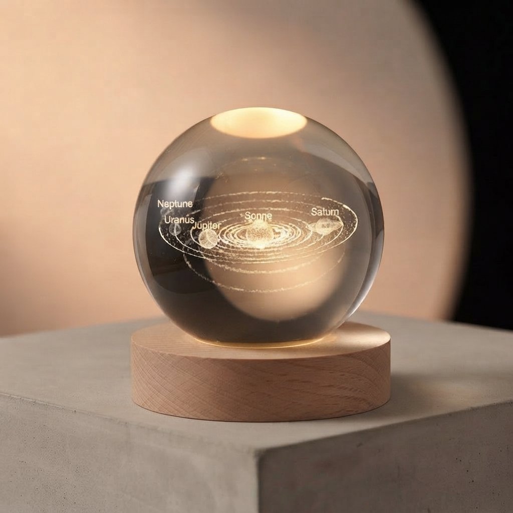 3D Crystal Ball Night Light with Wooden Base — Sonnensystem 6CM