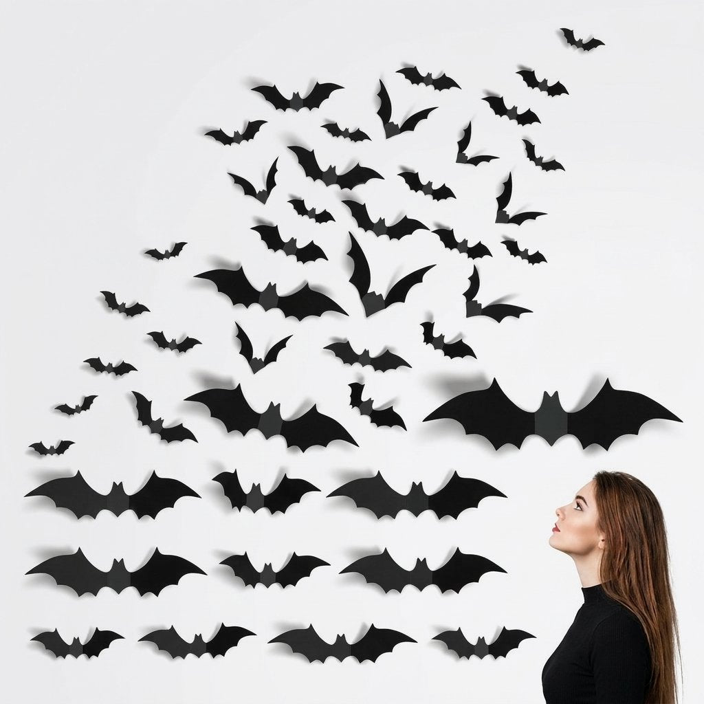 3D Foldable Bat Wall Stickers for Halloween Decoration – Peel and Stick, Reusable, Indoor Use — 64 pcs (Black Bat)
