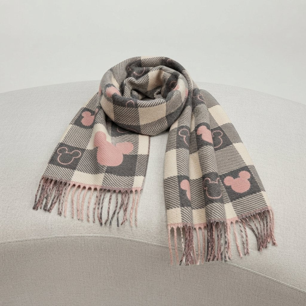 Checked Winter Scarf with Motif Print and Tassels — Pink Grey Mouse