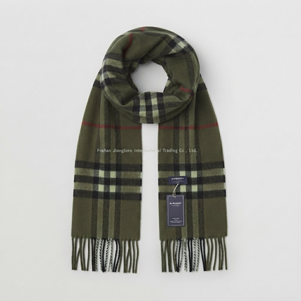 Classic Check Scarf with Fringe, Wool-Feel Wrap — Army Green