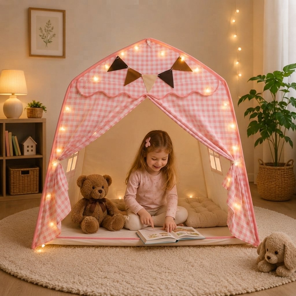 Kids Play Tent with Canopy for Bedroom or Playroom — Pink Gingham