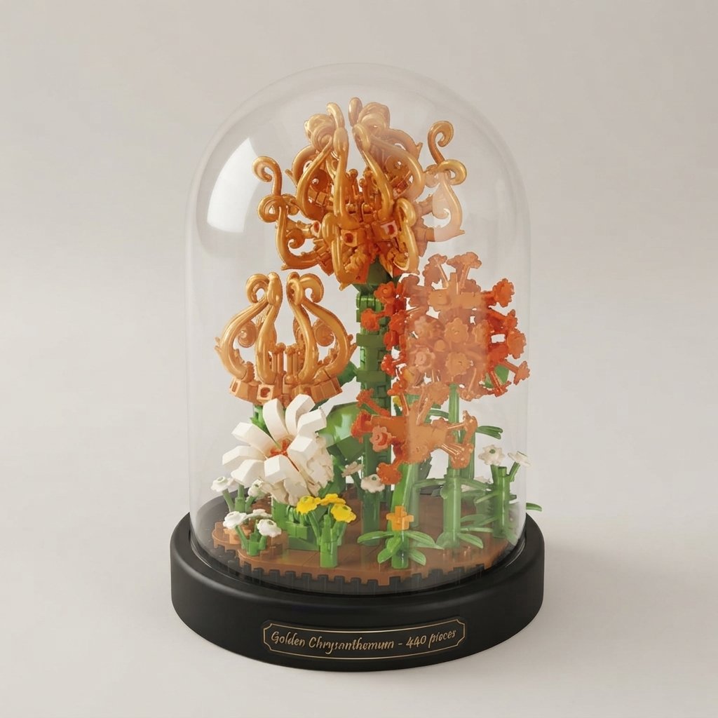 Micro Flower Building Block Set with Display Dome — Golden Chrysanthemum - 440 pieces